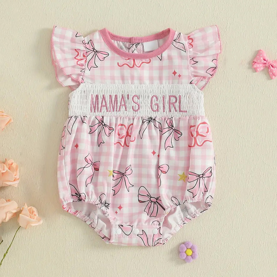 Bow Printed Plaid Letter Embroidery Smocked Baby Romper