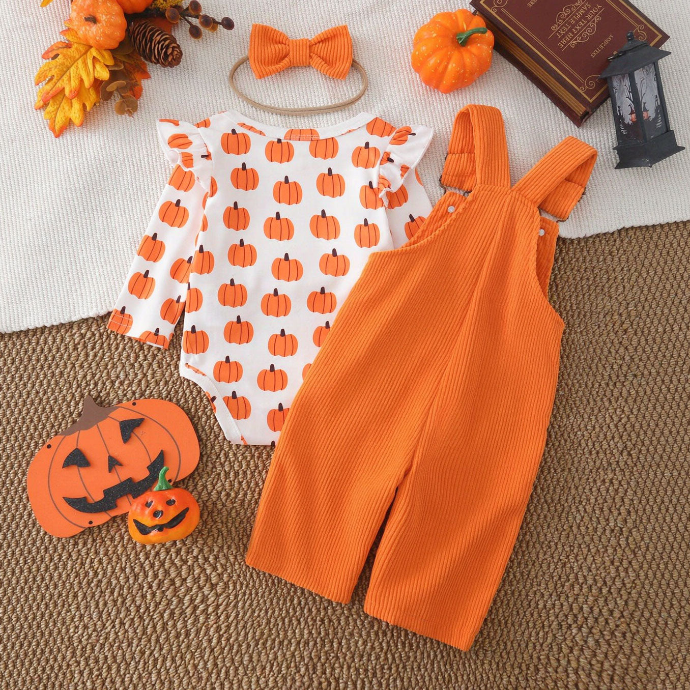 3PCS Halloween Ghost Pumpkin Print Corduroy Overalls Baby Set