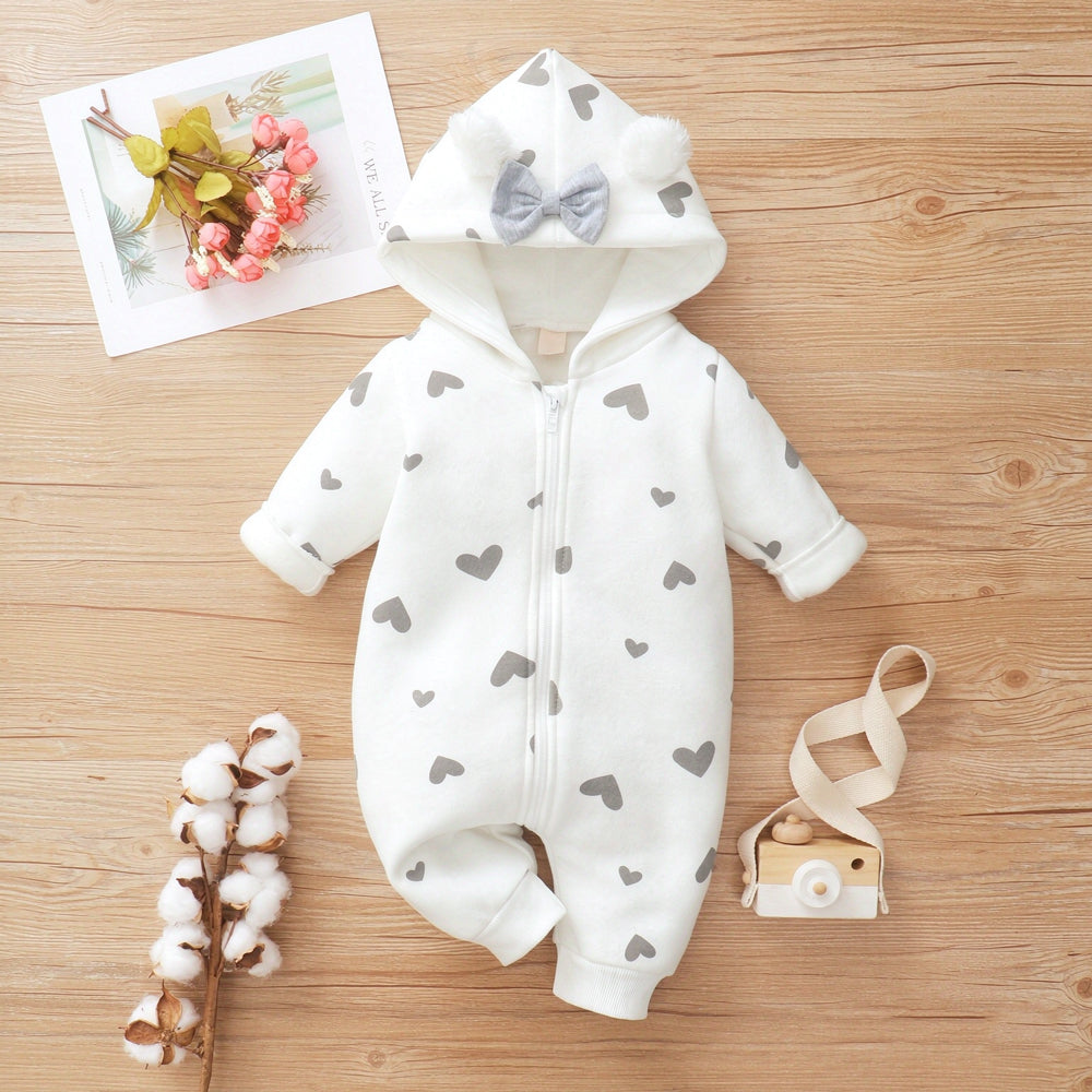 Fuzzy Heart Printed Zipper Long Sleeve Hoodie Baby Jumpsuit