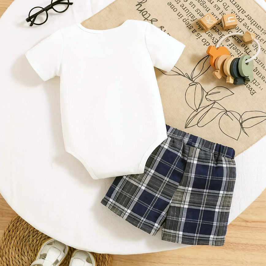 2PCS Grandma's Little Peanut Letter Elephant Plaid Print Baby Set