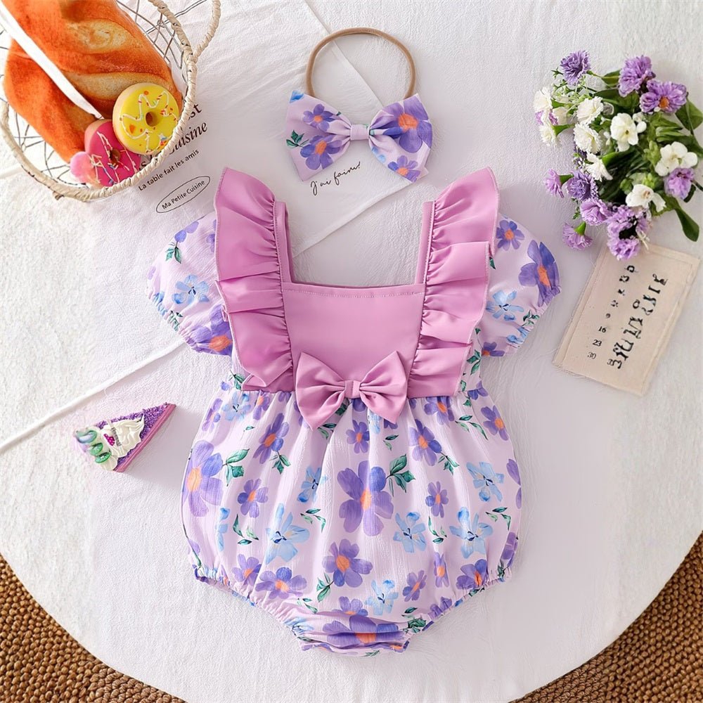 2PCS Stylish Floral Printed Frill Trim Short Sleeve Baby Romper