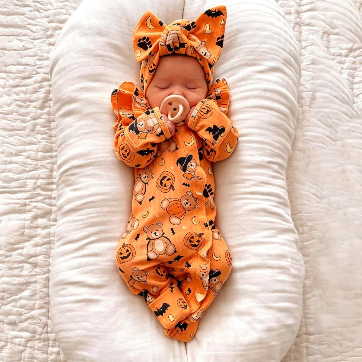 2PCS Halloween Pumpkin Bear Printed Zipper Long Sleeve Baby Jumpsuit
