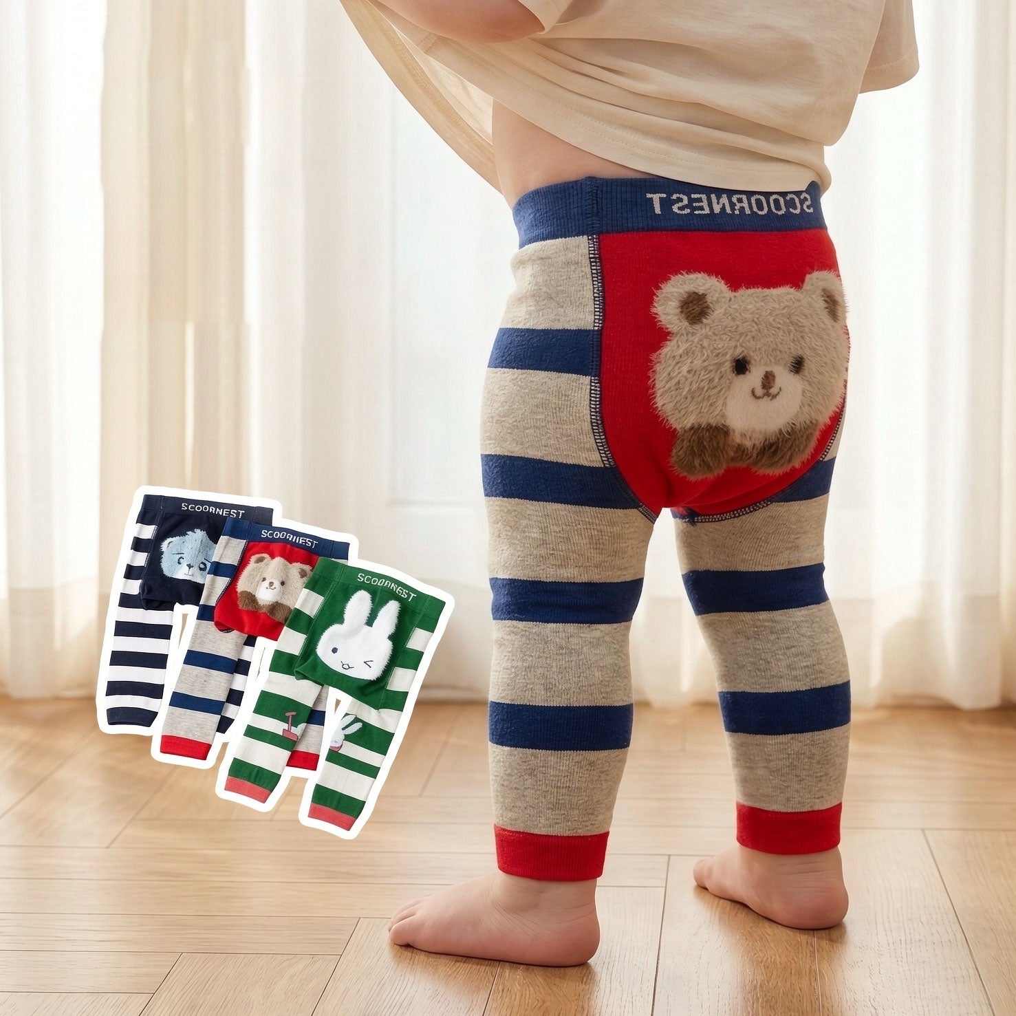 Soft Striped Cute Animal Applique Baby Suspender Tights