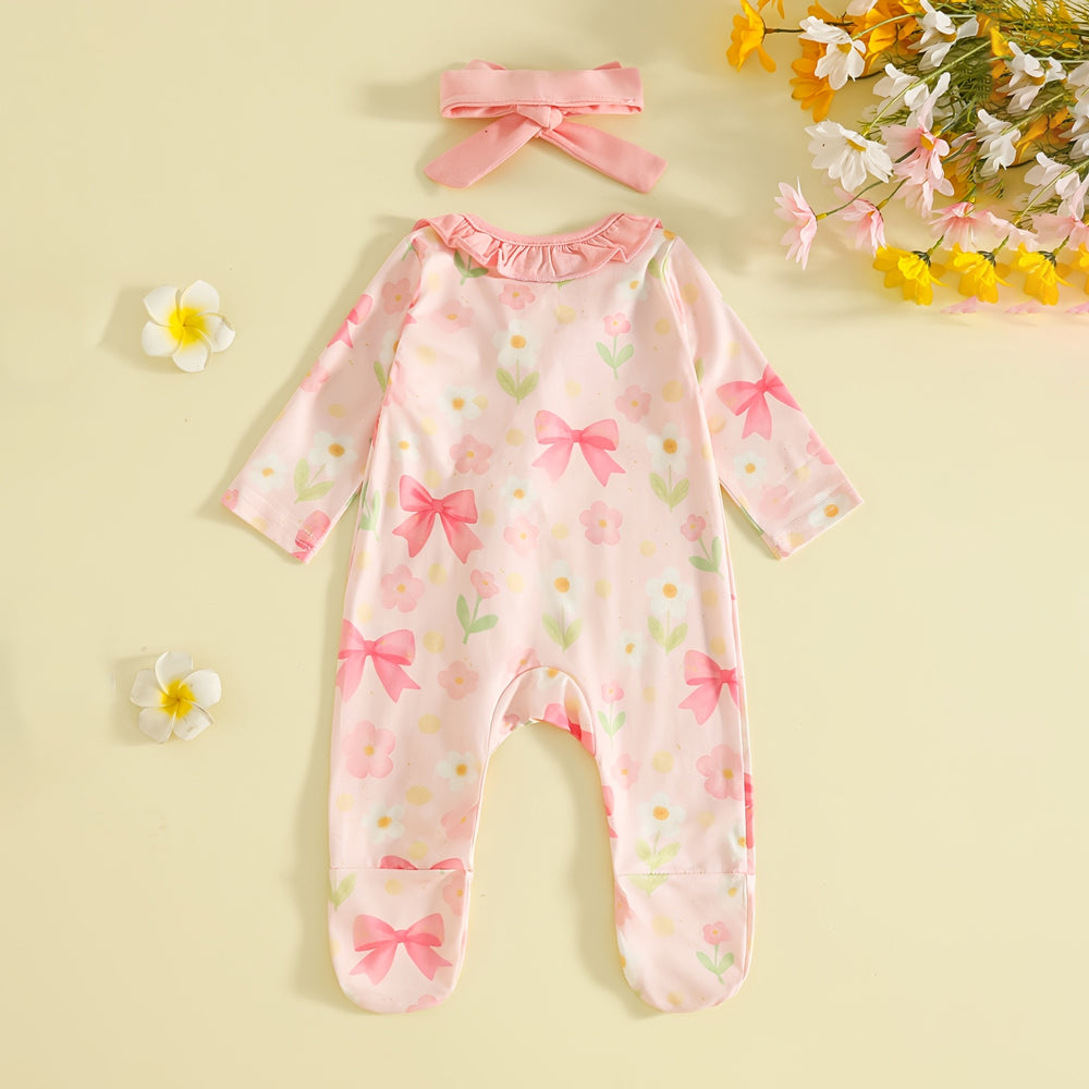 2PCS Adorable Floral Print Ruffle Zipper Baby Jumpsuit