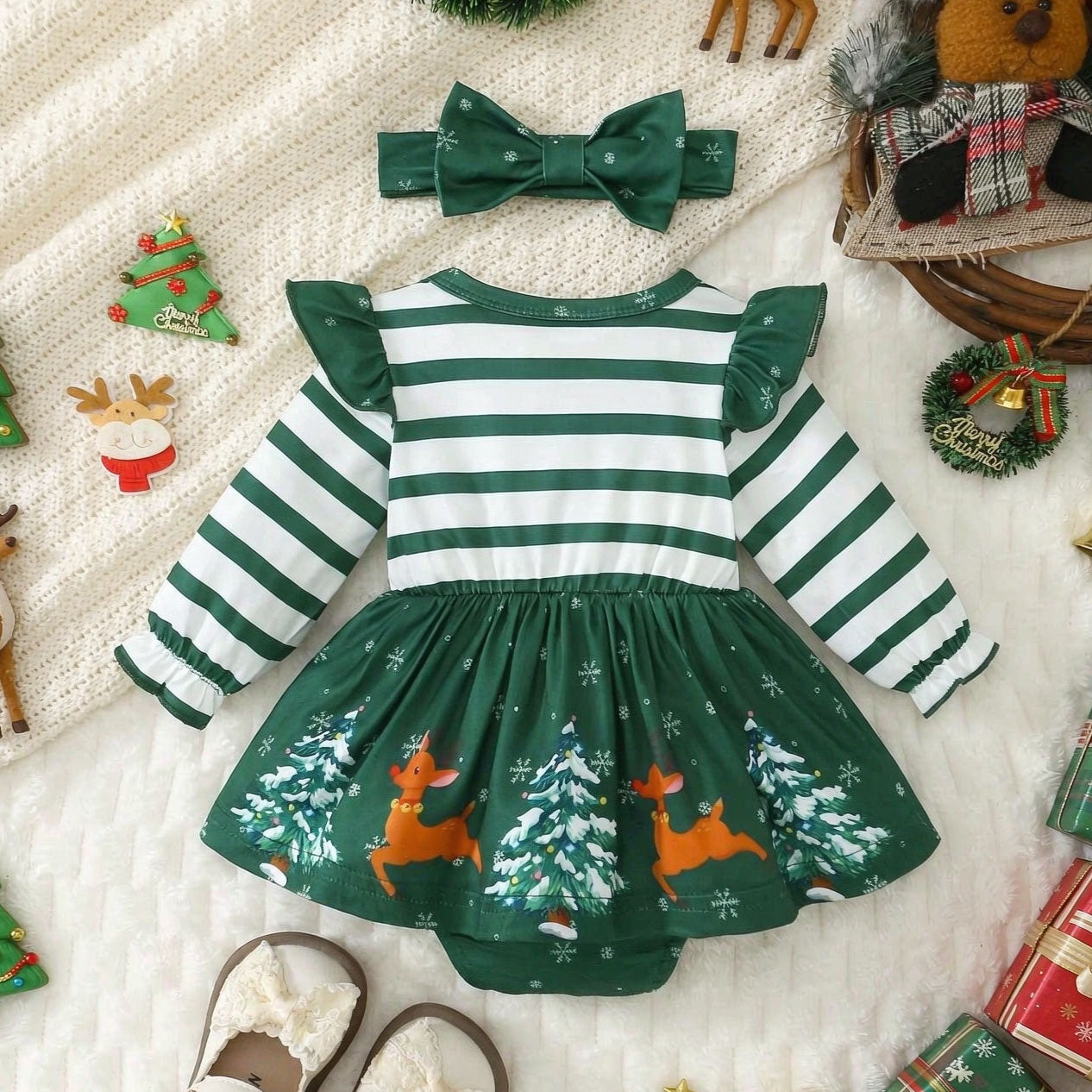 2PCS Christmas Tree Elk Stripe Printed Long Sleeve Baby Romper