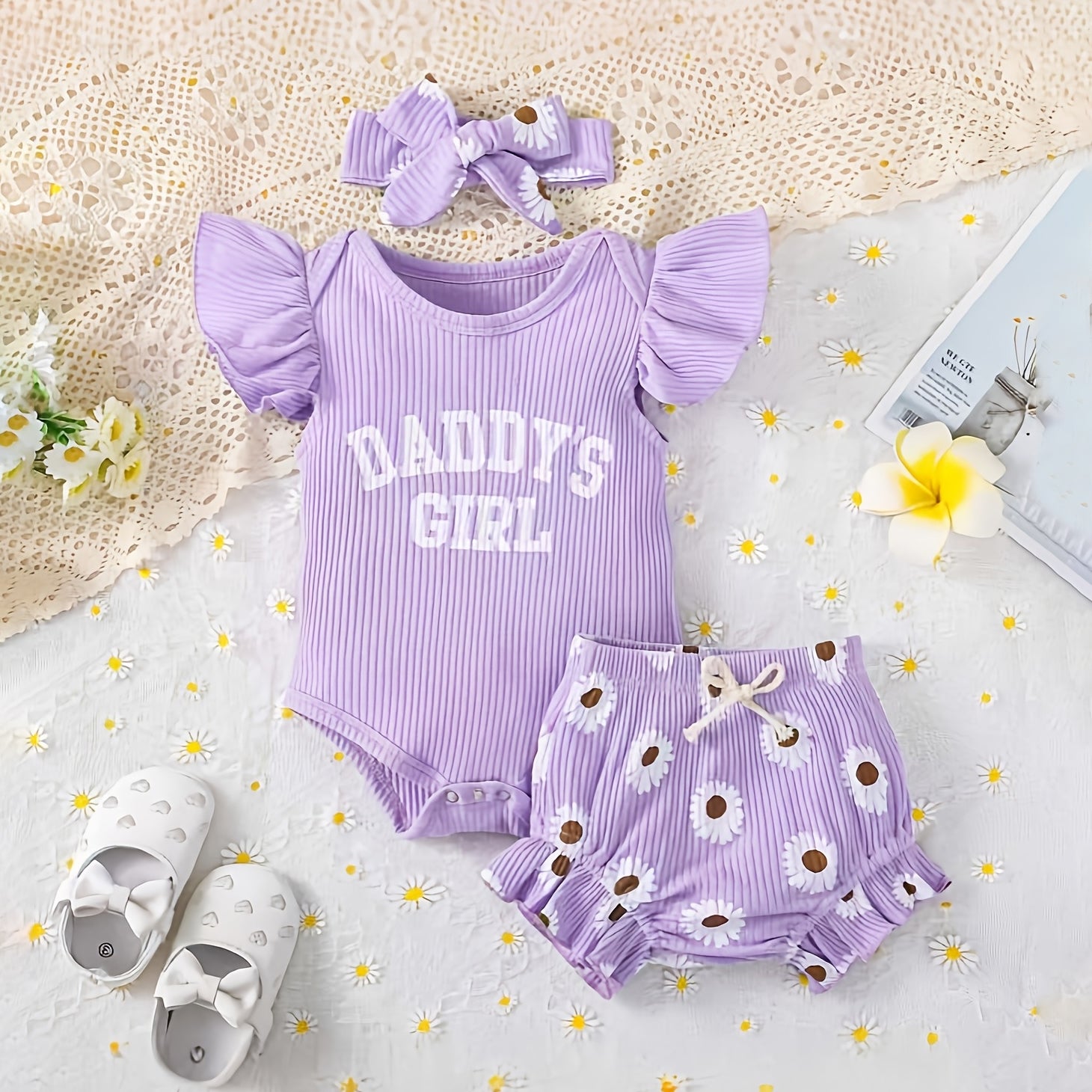 3PCS Daddy's Girl Letter Daisy Print Flutter Sleeve Baby Set