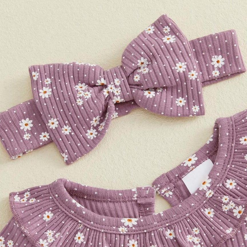 2PCS Sweet All-over Daisy Print Short Sleeve Baby Jumpsuit