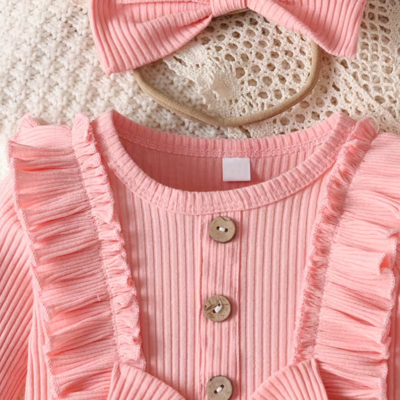 2PCS Comfy Solid Color Bowknot Long Sleeve Baby Jumpsuit