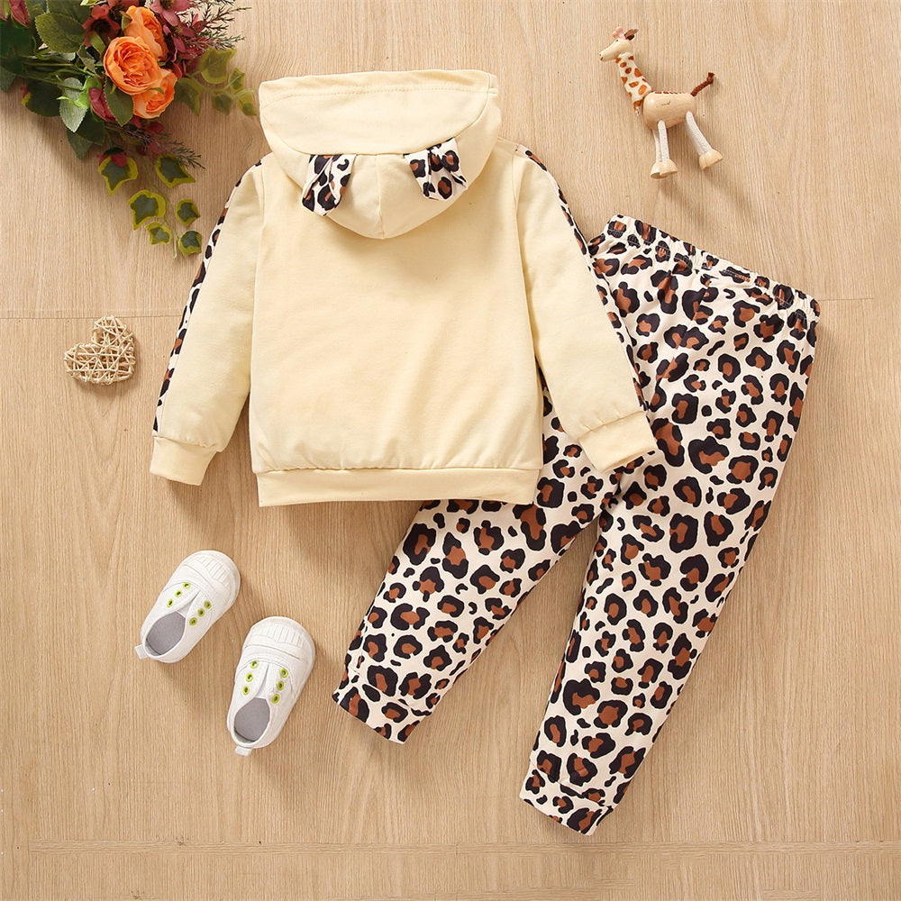 2PCS Mama's Bestie Letter Print Leopard Long Sleeve Hooded Baby Set