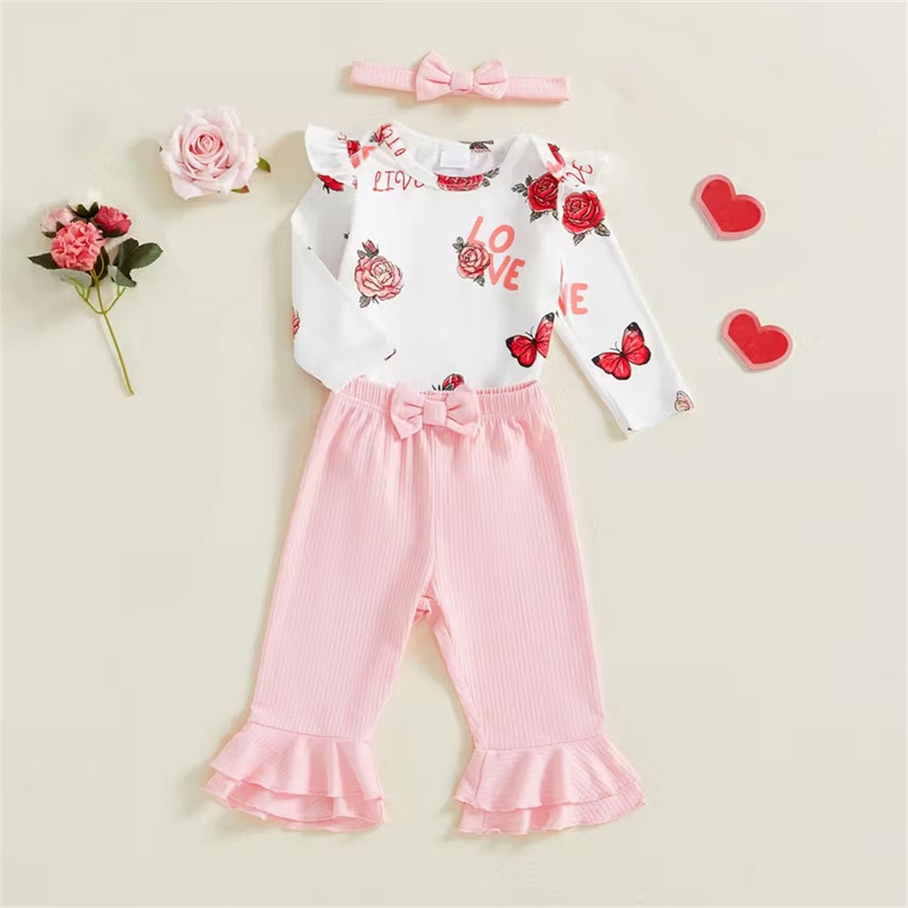 3PCS Butterfly and Rose Print Long Sleeve Baby Set