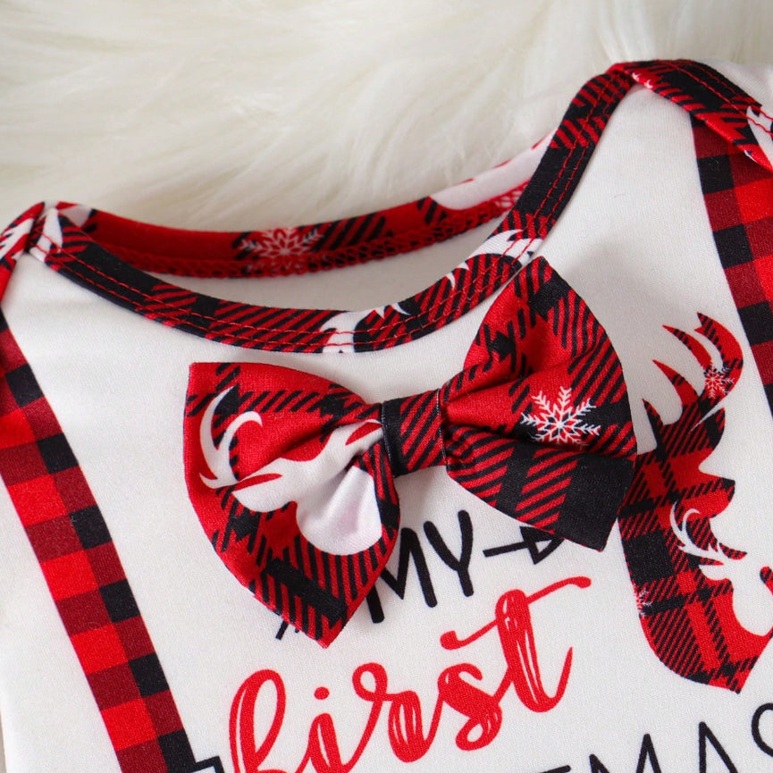 2PCS My First Christmas Letter Elk Plaid Printed Baby Jumpsuit