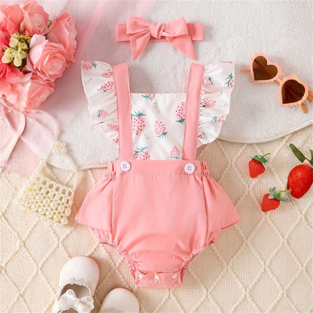 2PCS Sweet Strawberry Printed Sleeveless Baby Romper