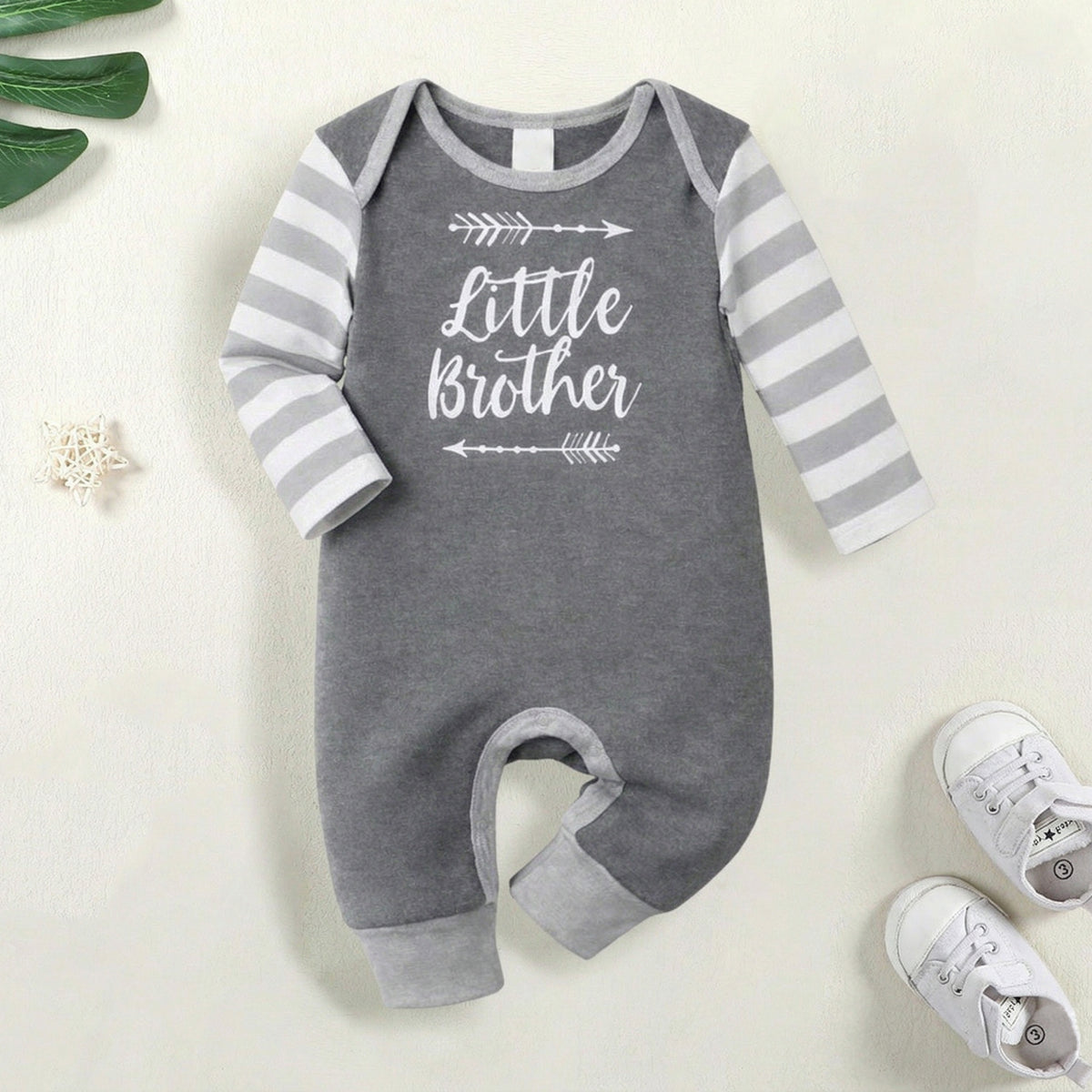 Cute Little Brother Letter Stripe Printed Long Sleeve Baby Jumpsuit