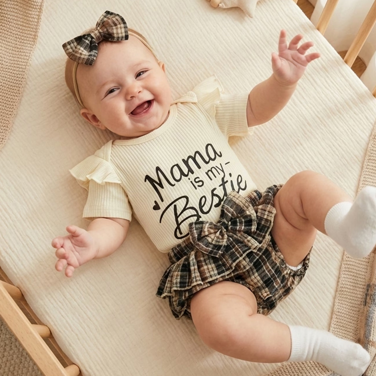 3PCS Mama Is My Bestie Letter Plaid Print Short Sleeve Baby Set