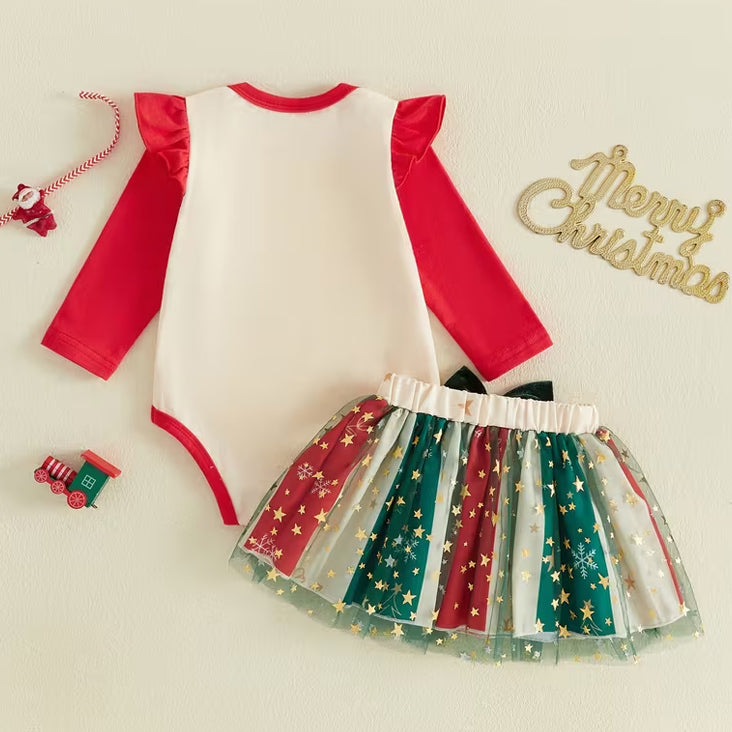 2PCS Sweet My First Christmas Letter Tree Print Tulle Baby Girl Set