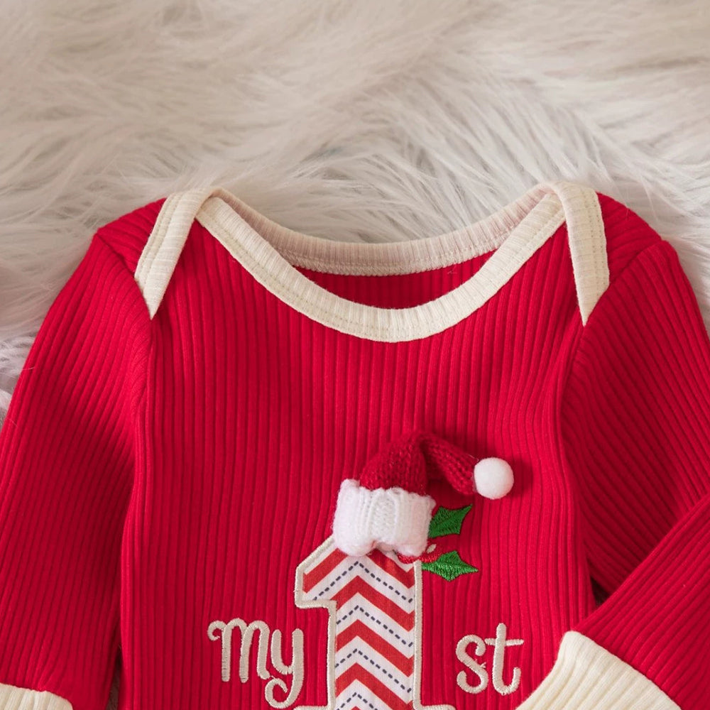 My 1st Christmas Letter Embroidery Long Sleeve Baby Jumpsuit