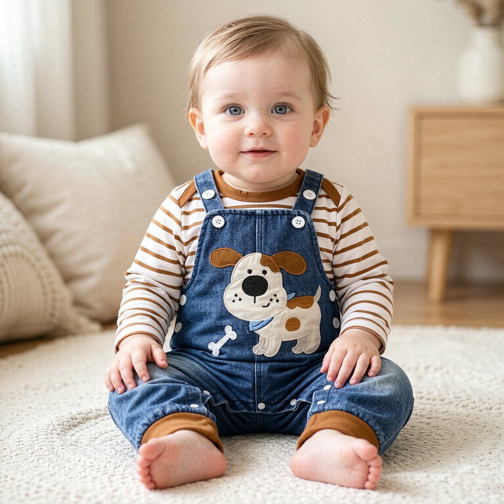 2PCS Cute Dog Stripe Print Long Sleeve Baby Denim Overalls Set