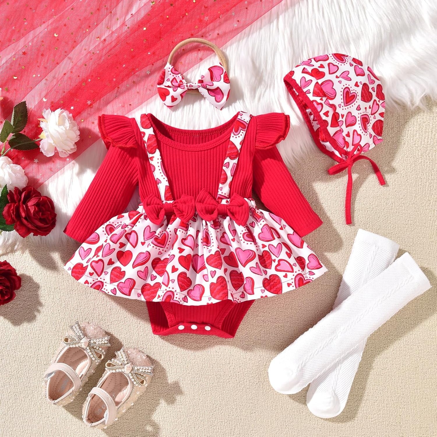 4PCS Cute Heart Print Long Sleeve Baby Romper With Hat