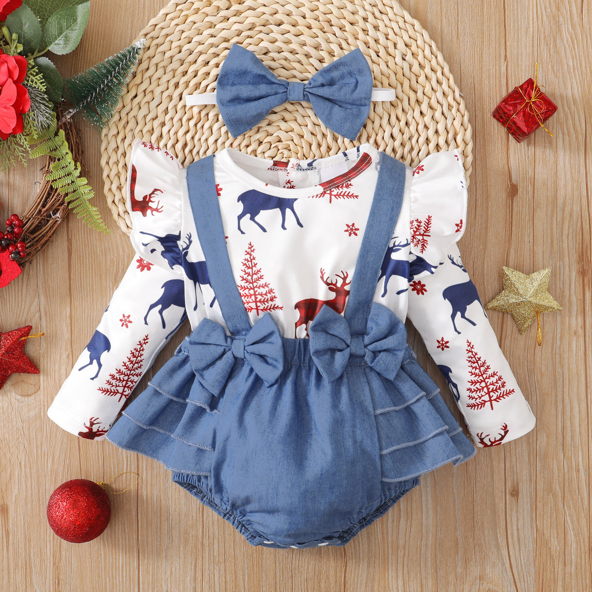 2PCS Lovely Christmas Reindeer Print Long Sleeve Baby Romper