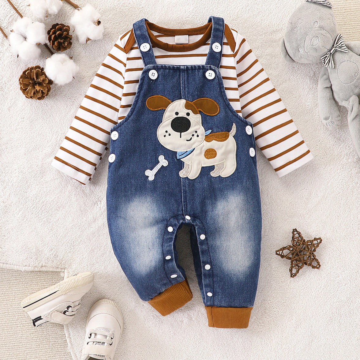 2PCS Cute Dog Stripe Print Long Sleeve Baby Denim Overalls Set