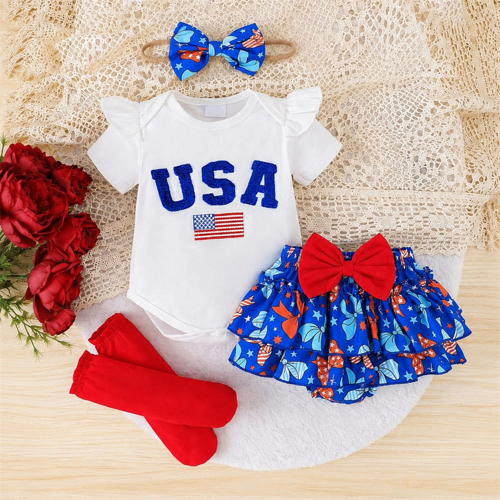 4PCS USA Letter Embroidery Bow Printed Short Sleeve Baby Set