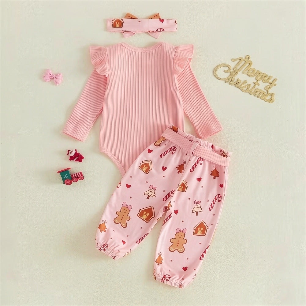 3PCS My First Christmas Letter Gingerbread Print Baby Girl Set