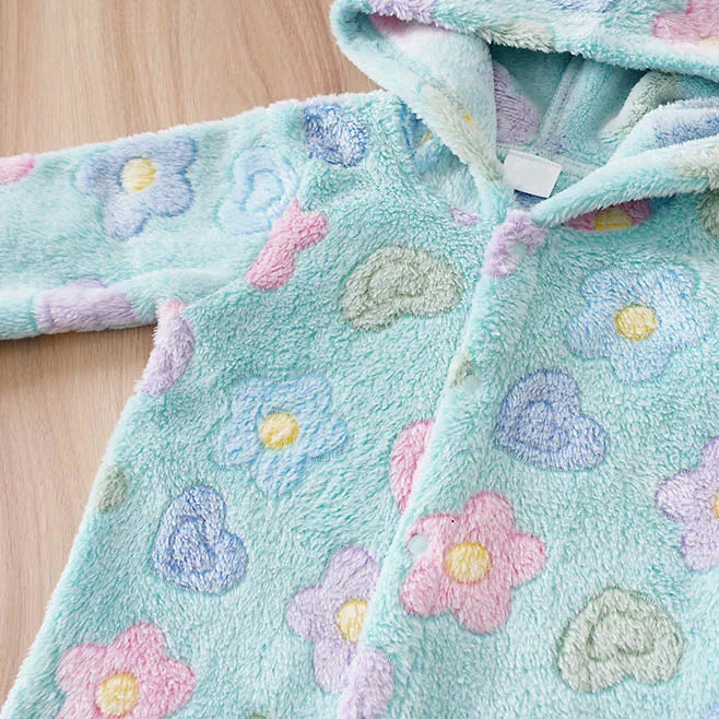 Cute Floral Print Plush Long Sleeve Hooded Baby Jumpsuit