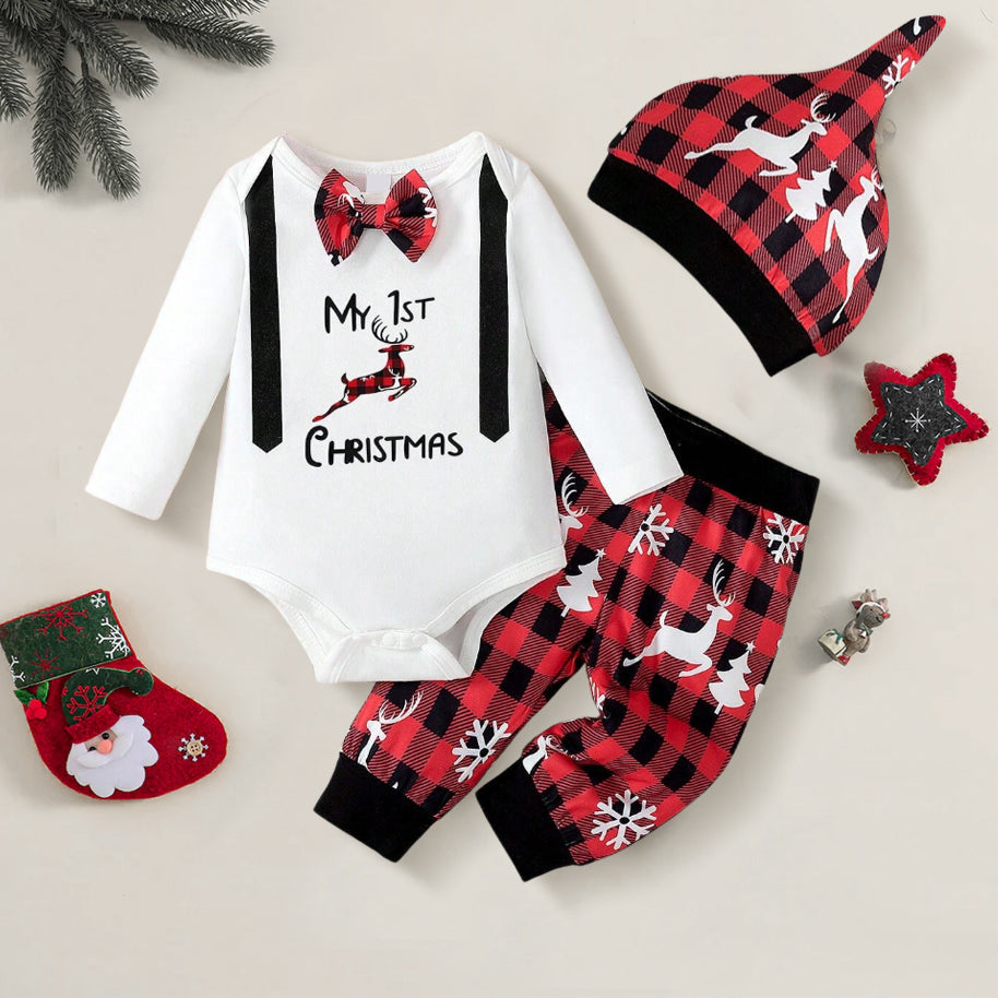 3PCS My 1st Christmas Letter Plaid Printed Baby Set