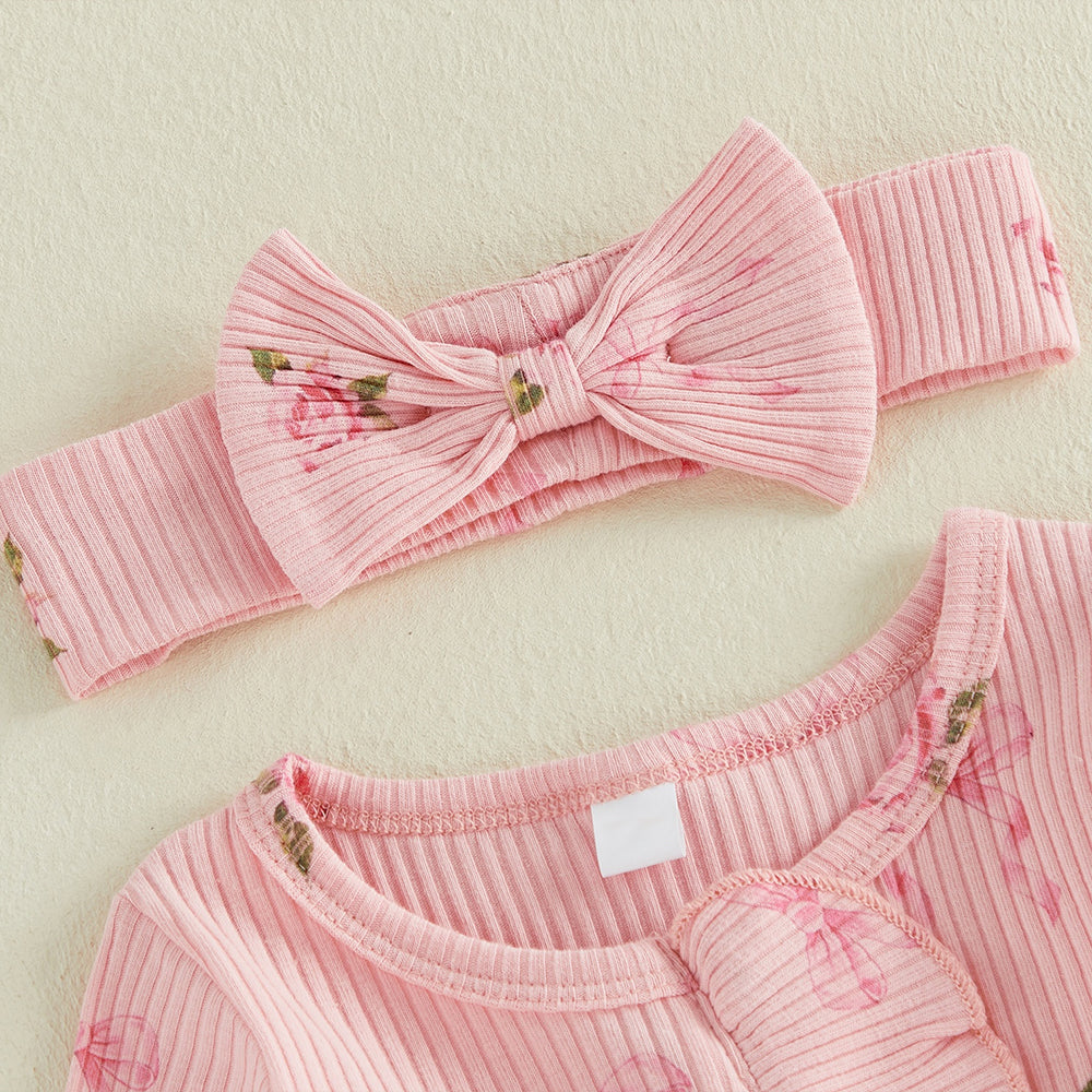 2PCS Comfy Bow Floral Printed Ruffle Zipper Long Sleeve Baby Jumpsuit