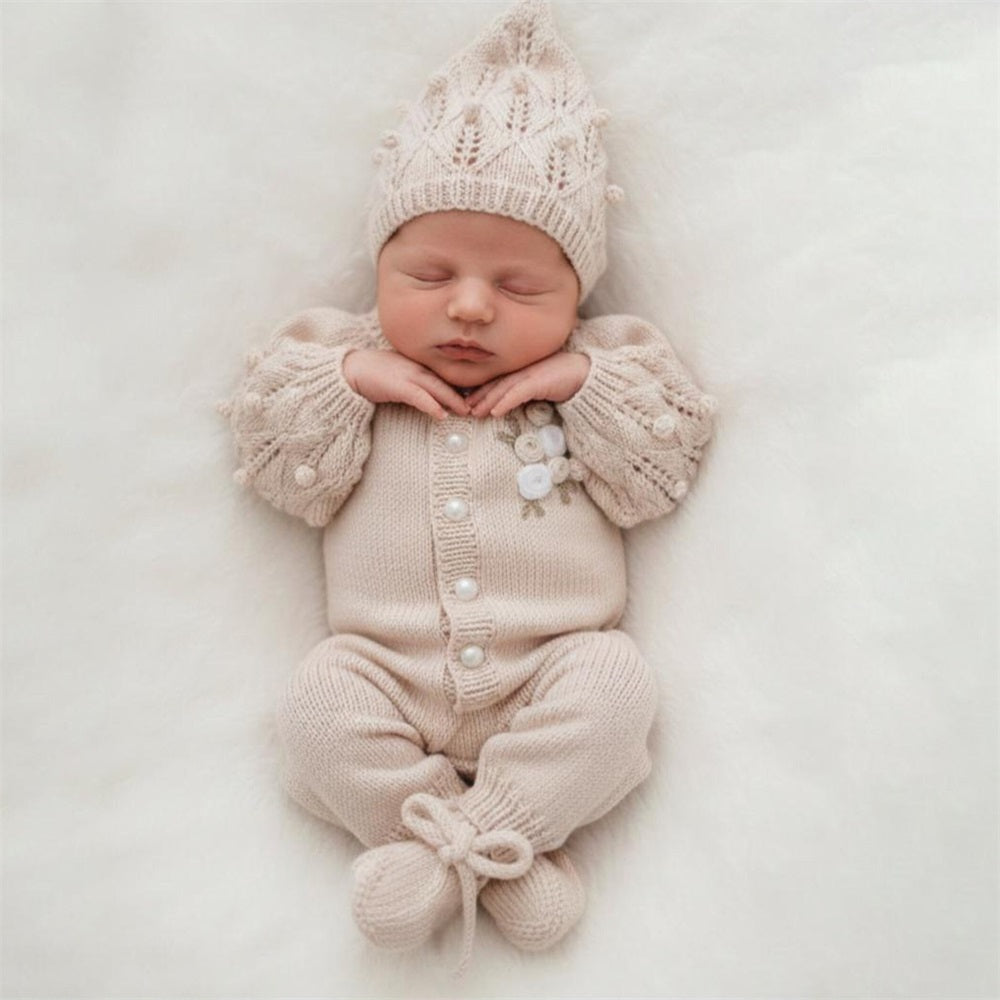 2PCS Floral Embroidery Knit Long Sleeve Baby Jumpsuit