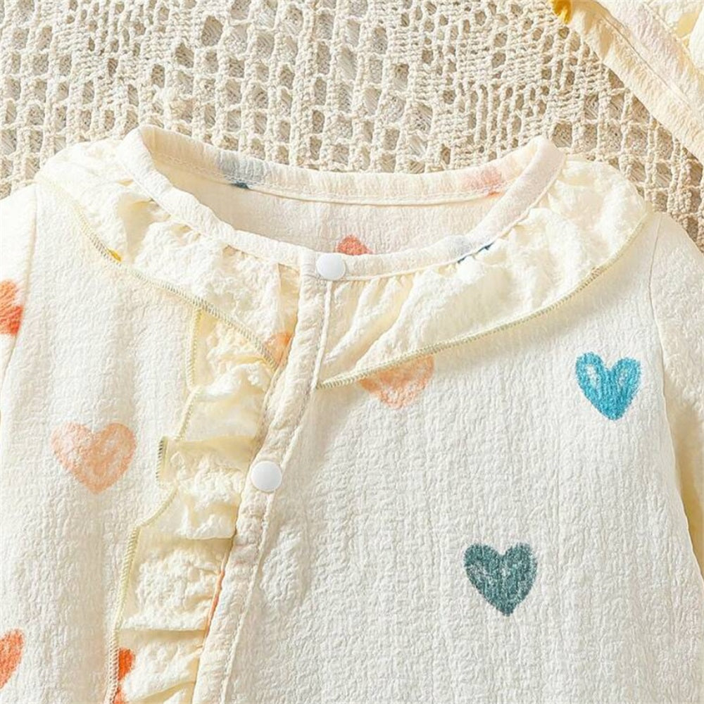 2PCS Colorful Heart Print Frill Long Sleeve Baby Jumpsuit
