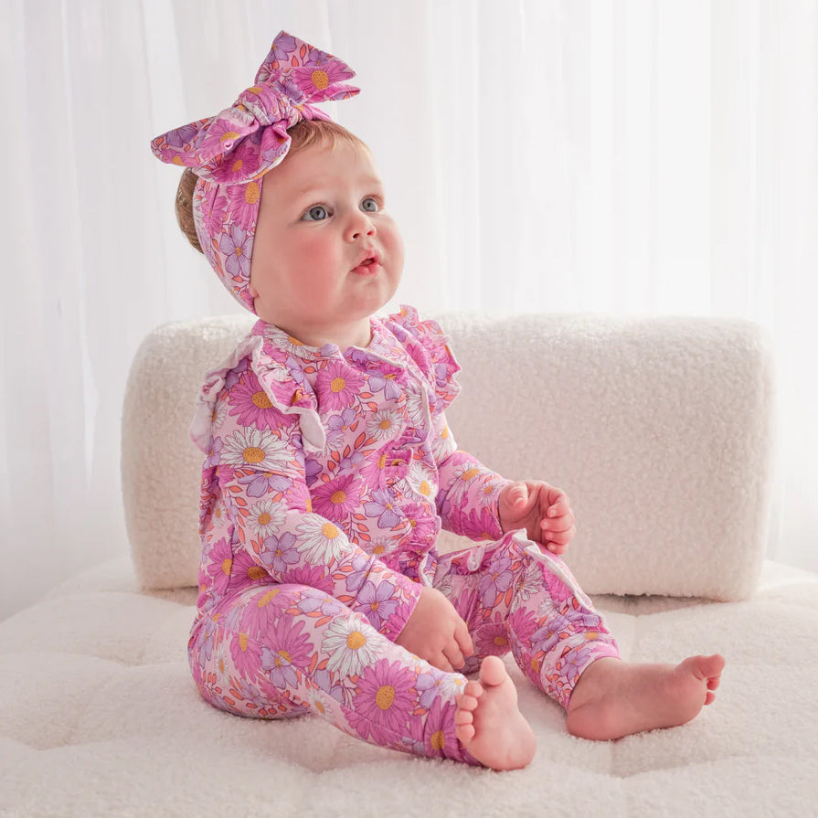 2PCS Gorgeous Floral Print Ruffle Zipper Baby Jumpsuit