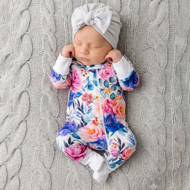 2PCS Lovely Floral Print Zipper Long Sleeve Baby Jumpsuit