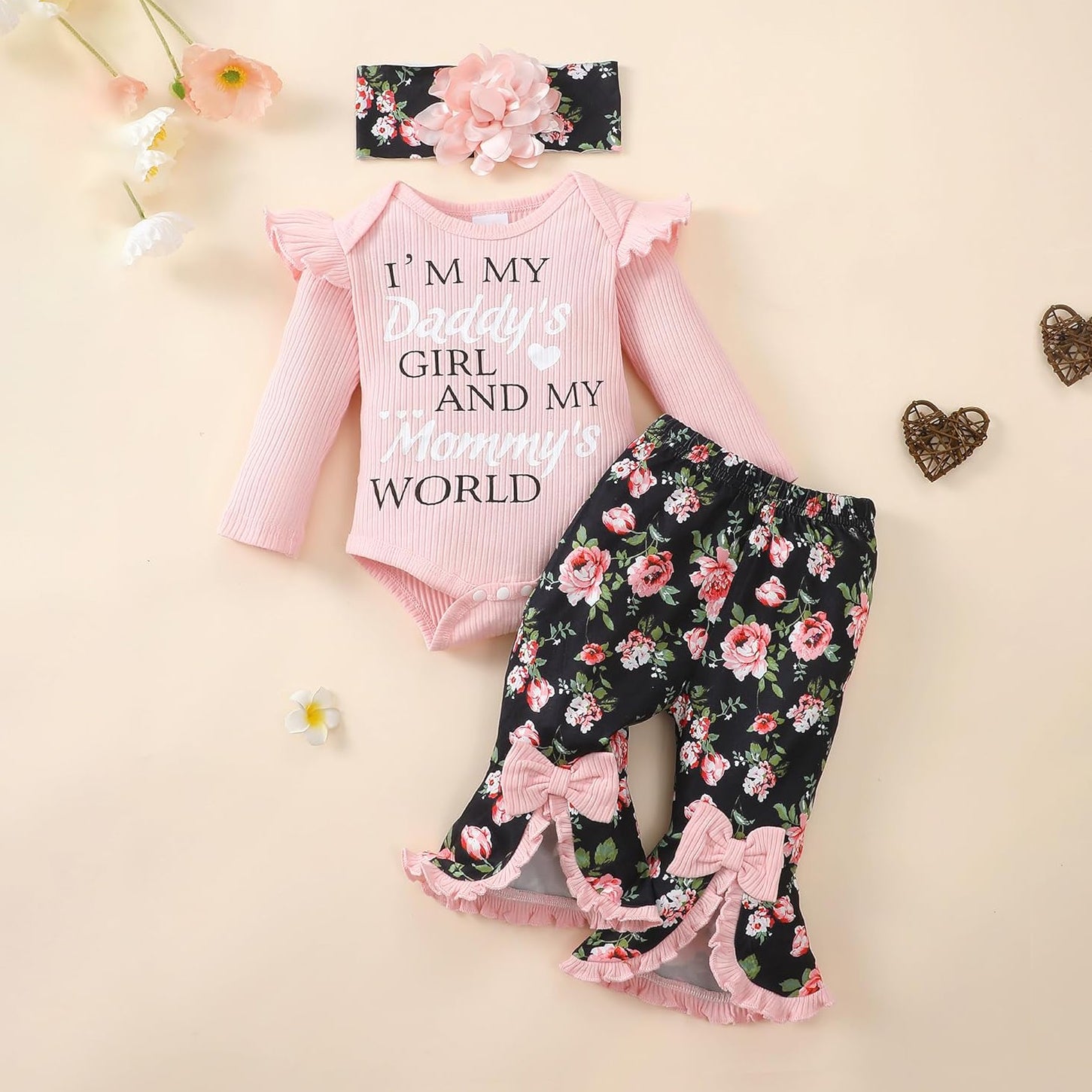 3PCS I'm My Daddy's Girl Letter Floral Printed Ruffle Baby Set