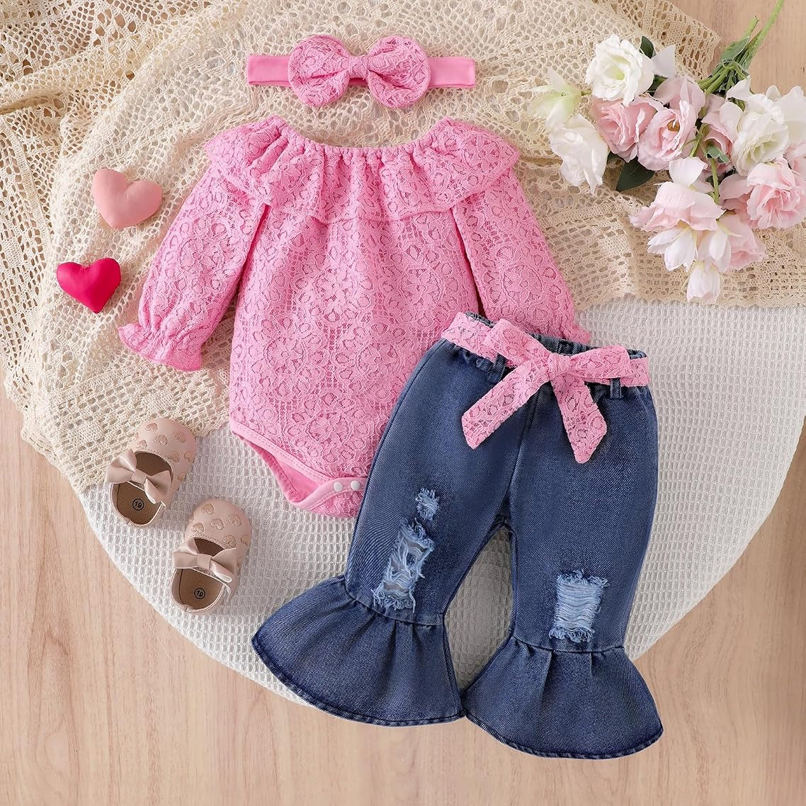 3PCS Chic Lace Top and Distressed Denim Bell-Bottom Baby Girl Set