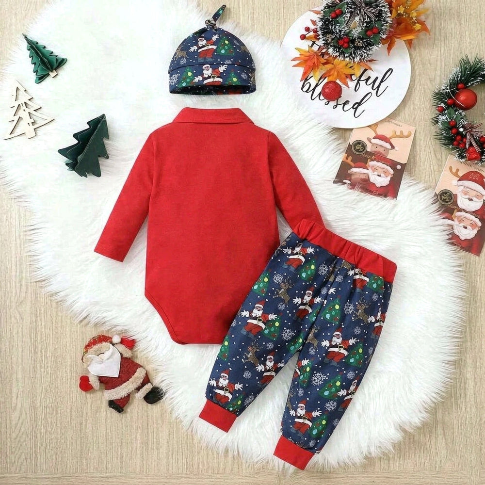 3PCS My First Christmas Letter Santa Reindeer Print Baby Boy Set