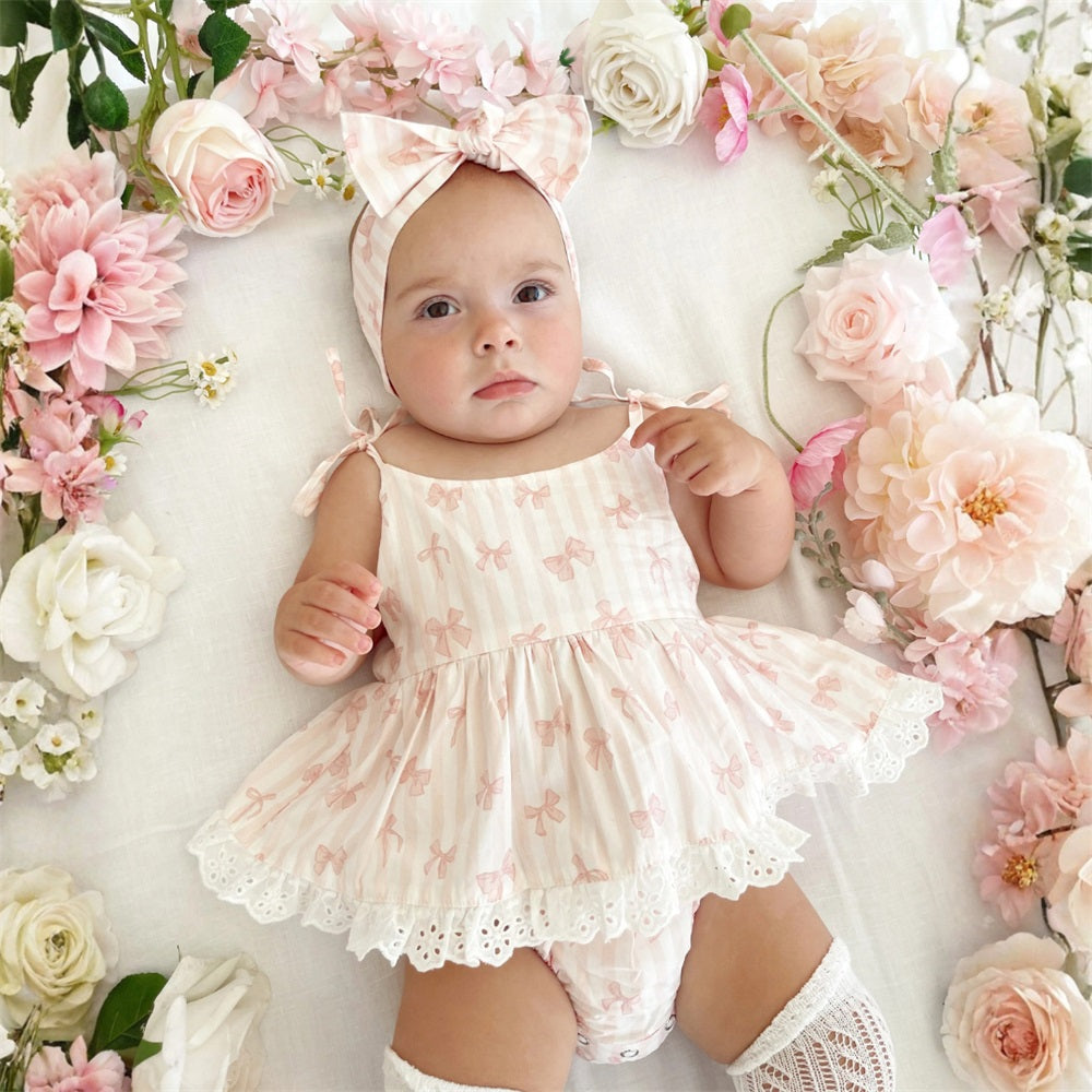 Sweet Bow Printed Striped Suspender Baby Romper