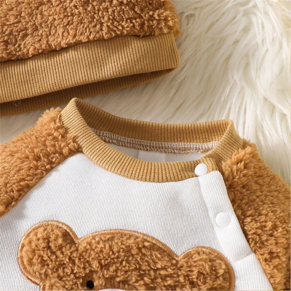 2PCS Cute Plush Bear Print Long Sleeve Baby Jumpsuit
