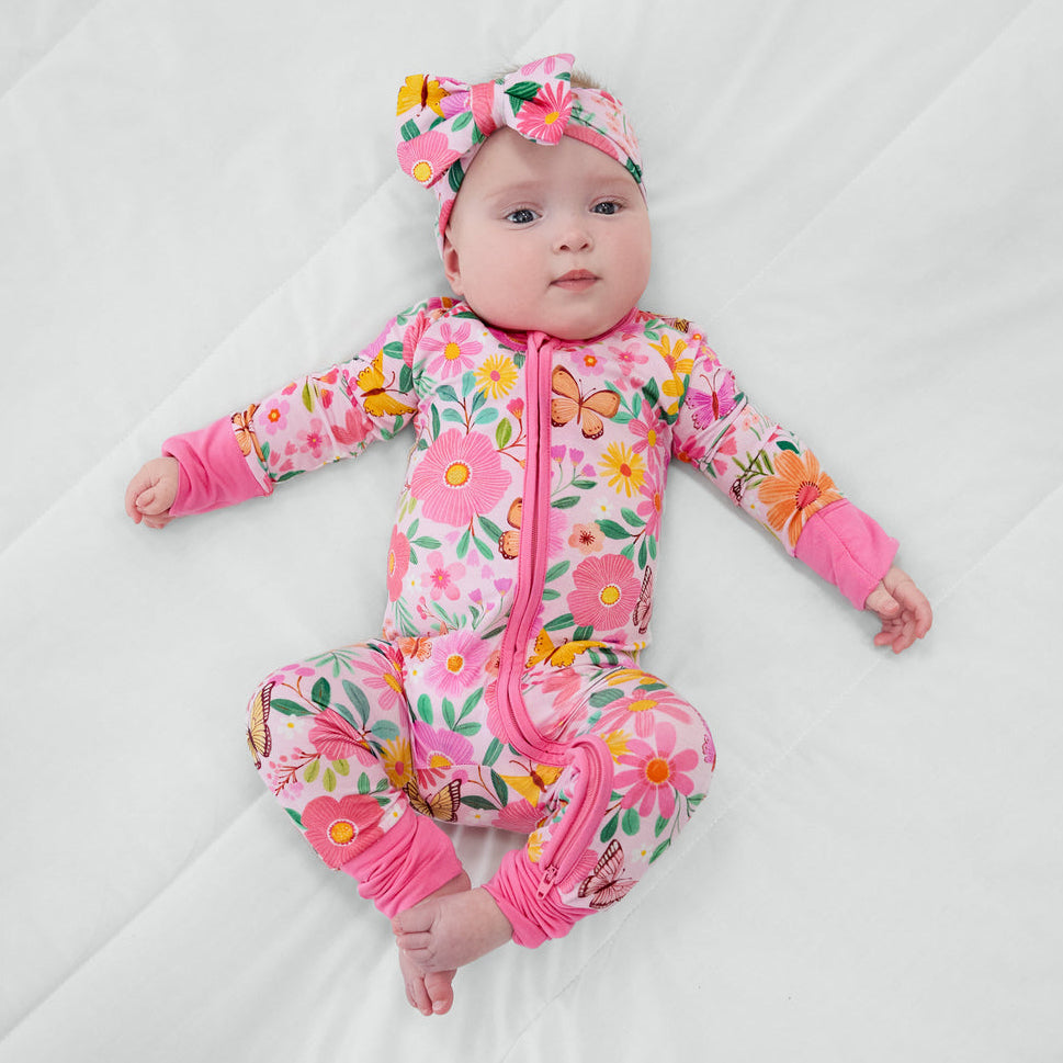 2PCS Chic Floral Printed Ruffle Zipper Baby Jumpsuit