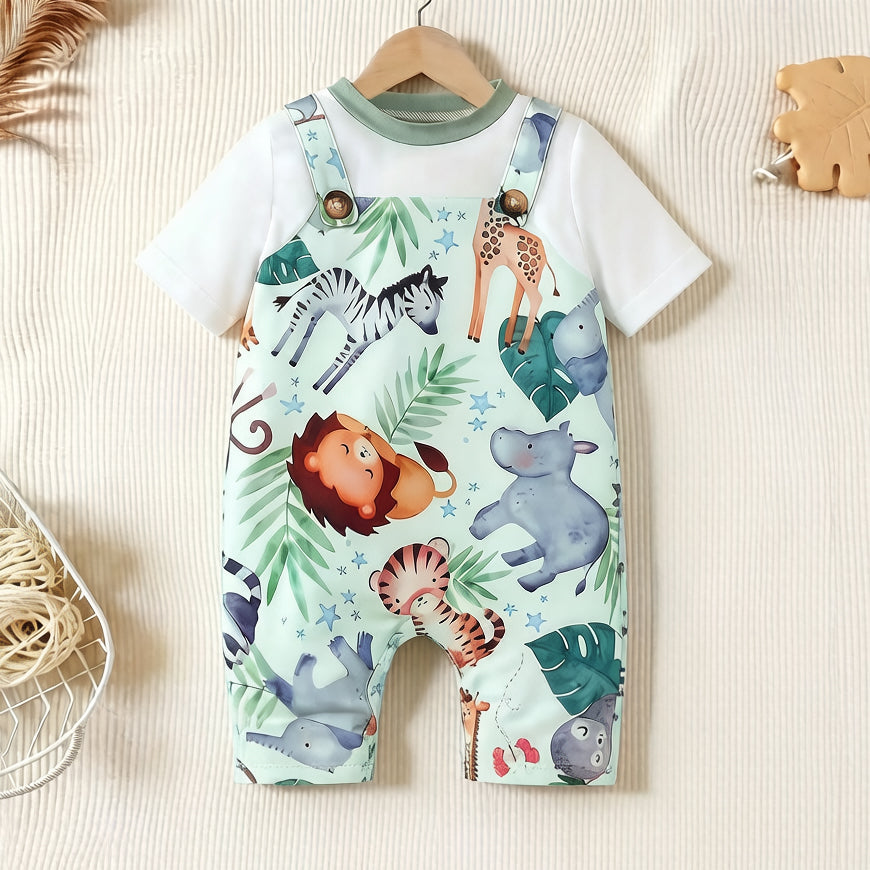Cute Animal Leaf Printed Short Sleeve Baby Jumpsuit
