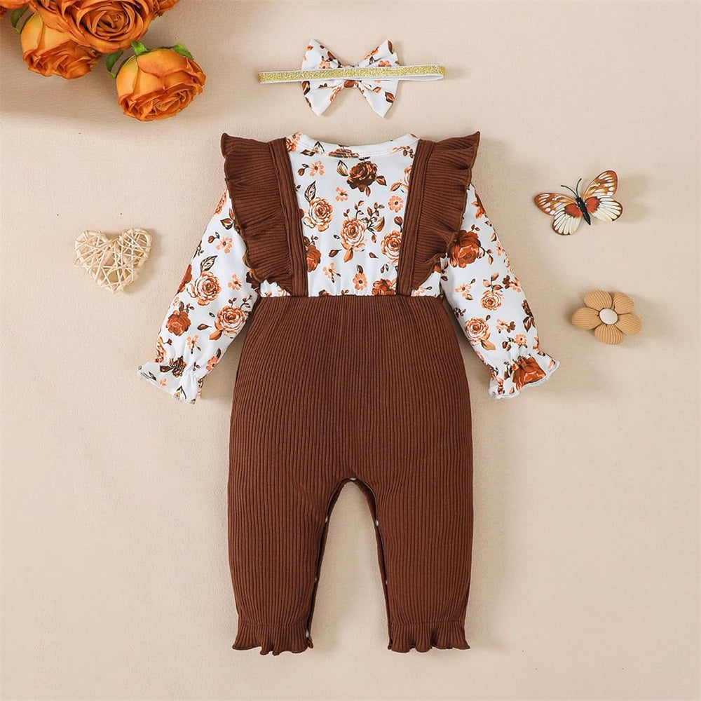 2PCS Trendy Floral Printed Long Sleeve Baby Jumpsuit