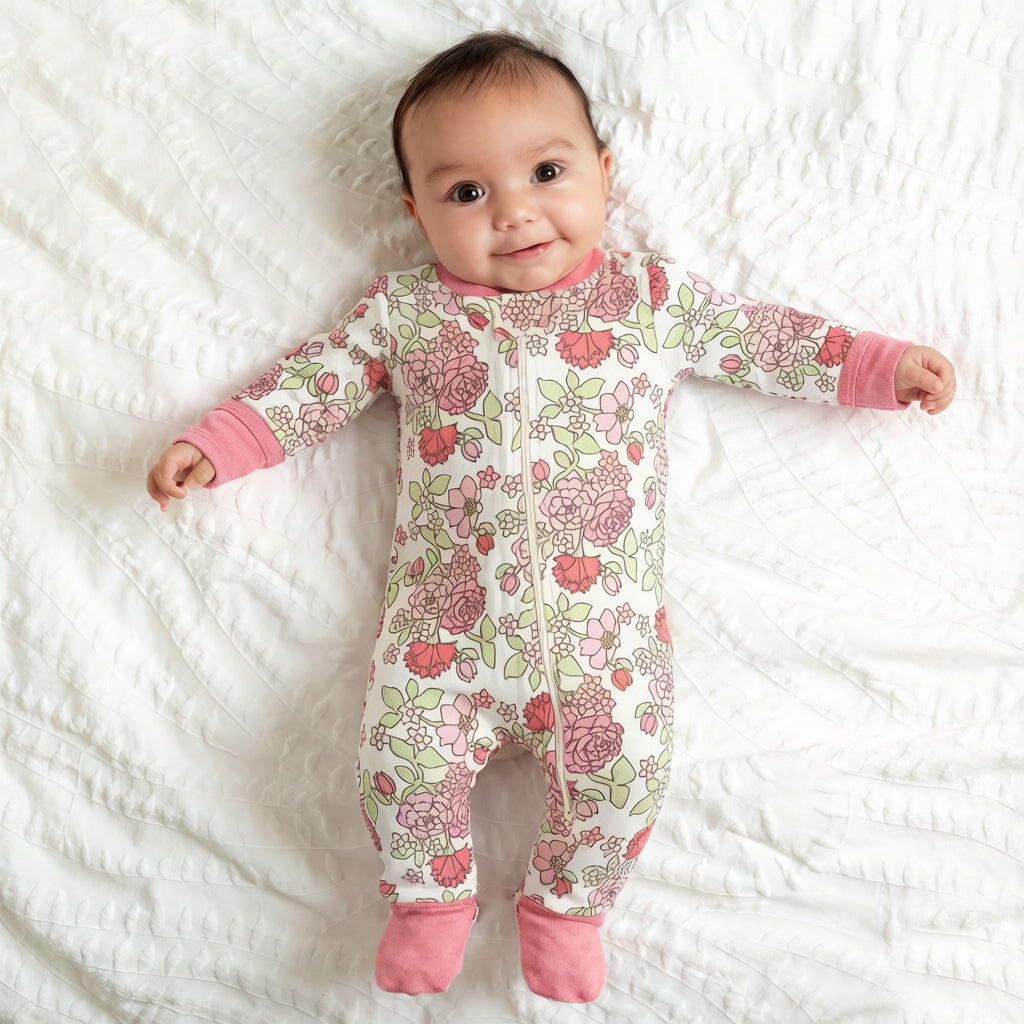 Allover Charming Floral Printed Zipper Baby Jumpsuit