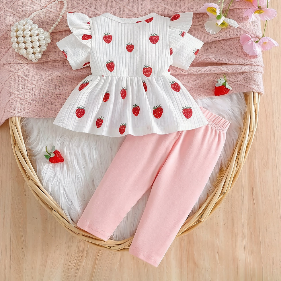 2PCS Pretty Strawberry Print Bow Short Sleeve Baby Set