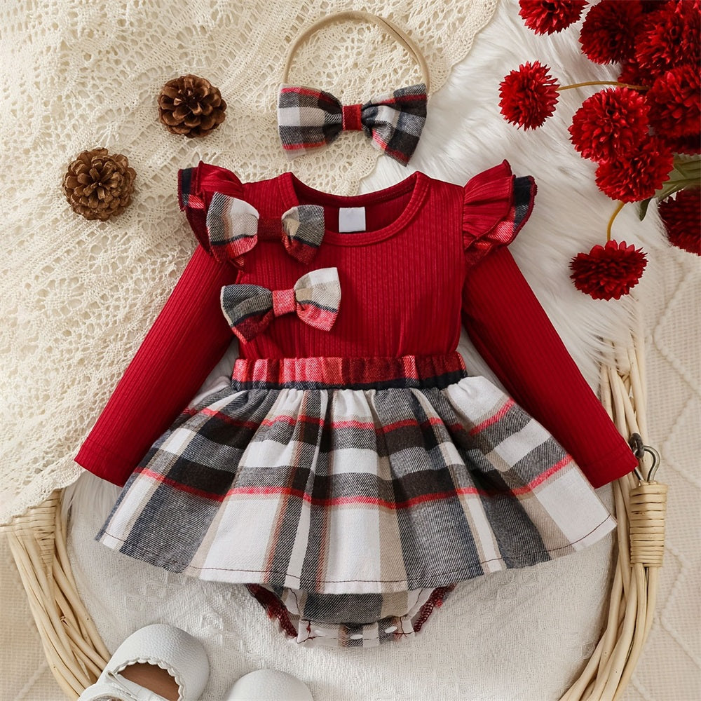 2PCS Casual Plaid Print Bow Decoration Long Sleeve Baby Romper