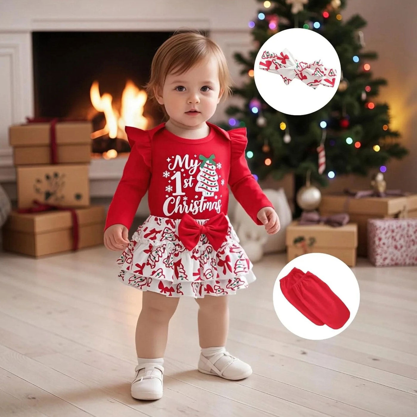 4PCS Sweet My 1st Christmas Letter Tree and Bow Print Baby Girl Set
