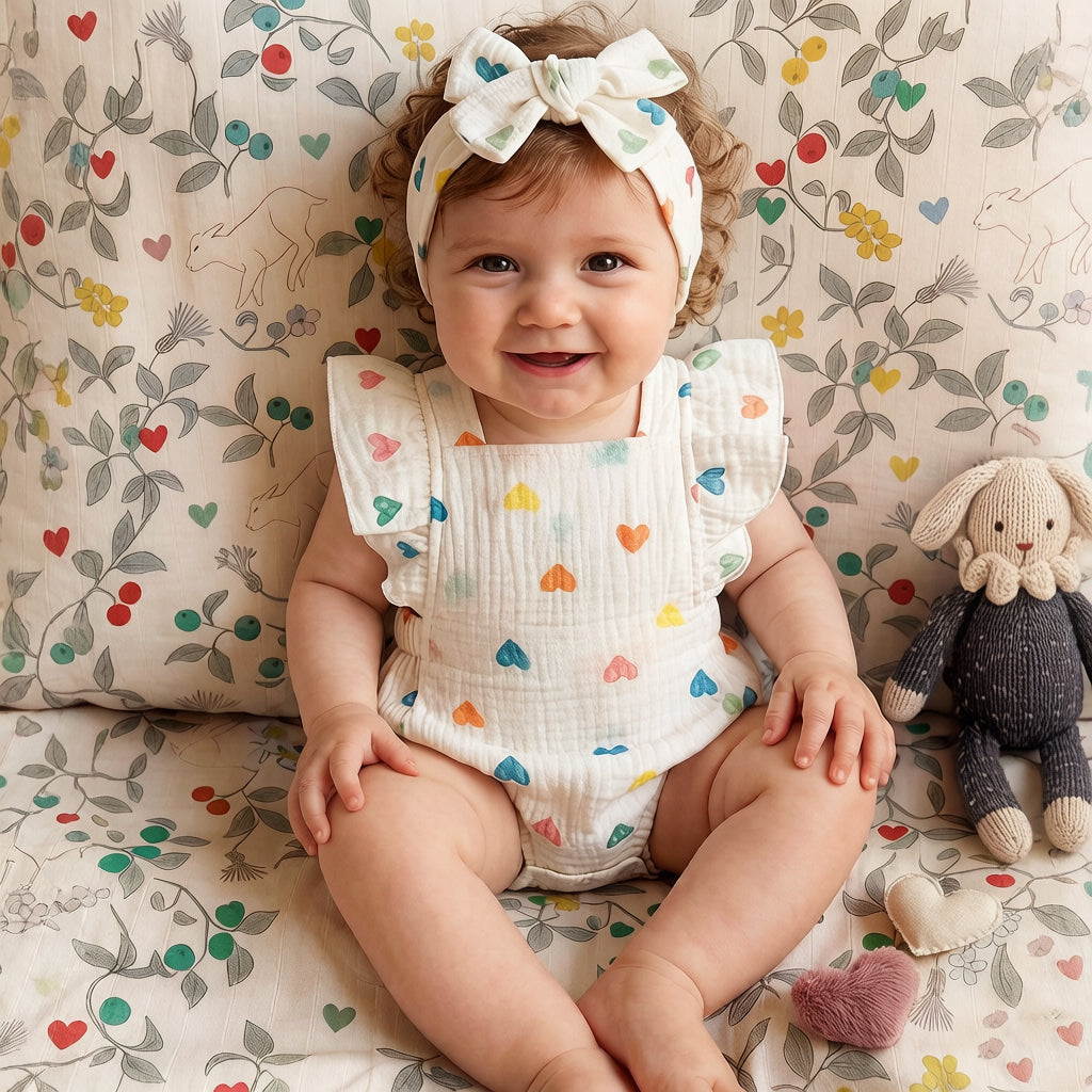2PCS Casual All-over Heart Print Flutter Sleeve Baby Romper