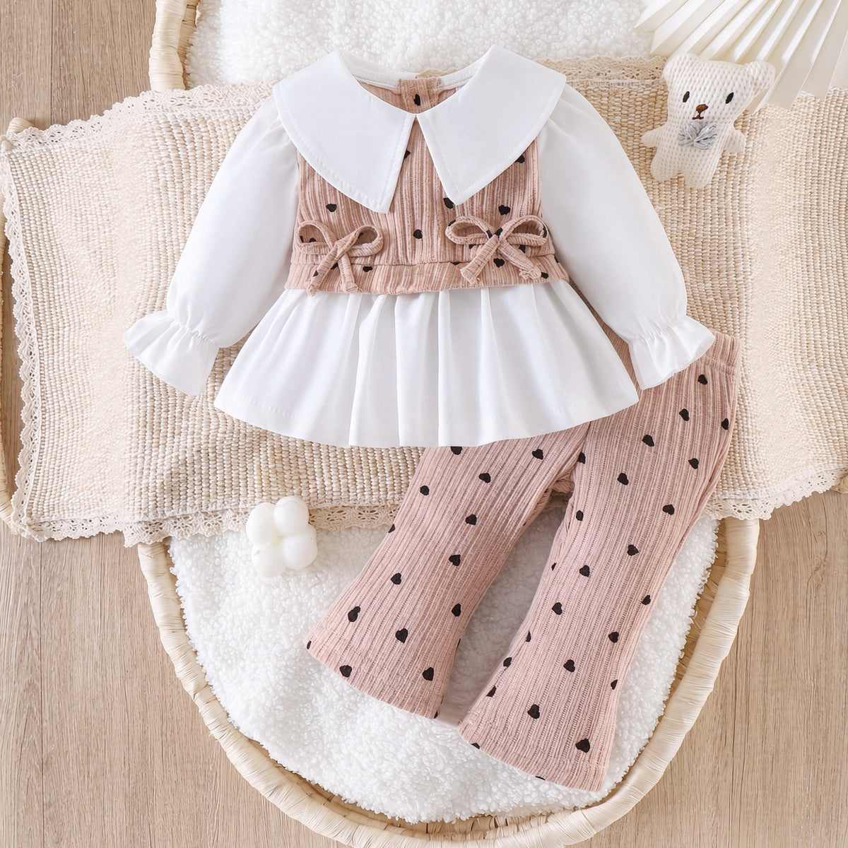 2PCS Charming Heart Print Bow Long Sleeve Baby Girl Set