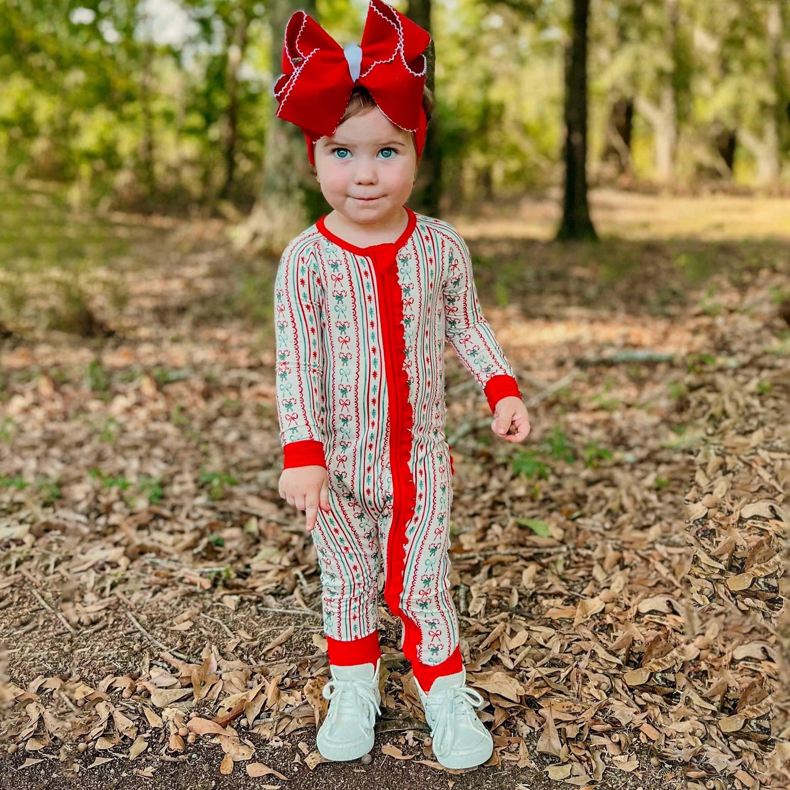 Christmas Tree Branches Bow Printed Ruffles Zipper Baby Jumpsuit