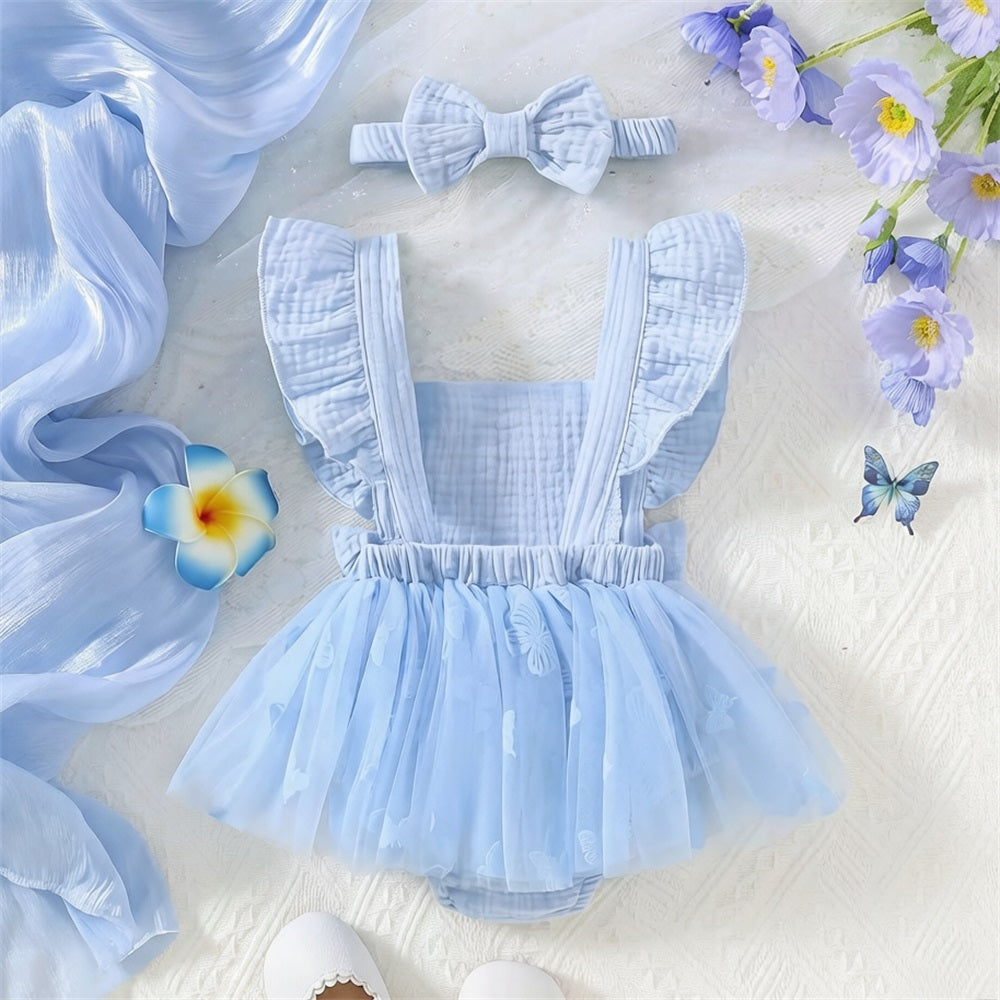 2PCS Fashion Butterfly Embroidery Flounce Sleeve Baby Romper