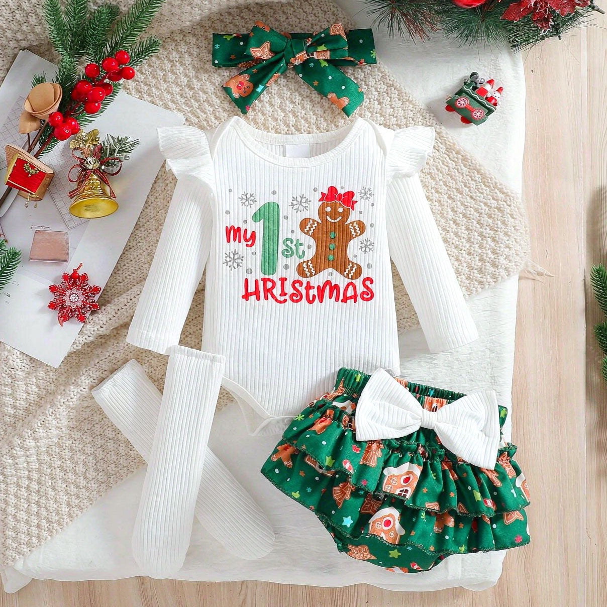4PCS My 1st Christmas Letter Gingerbread Printed Baby Set